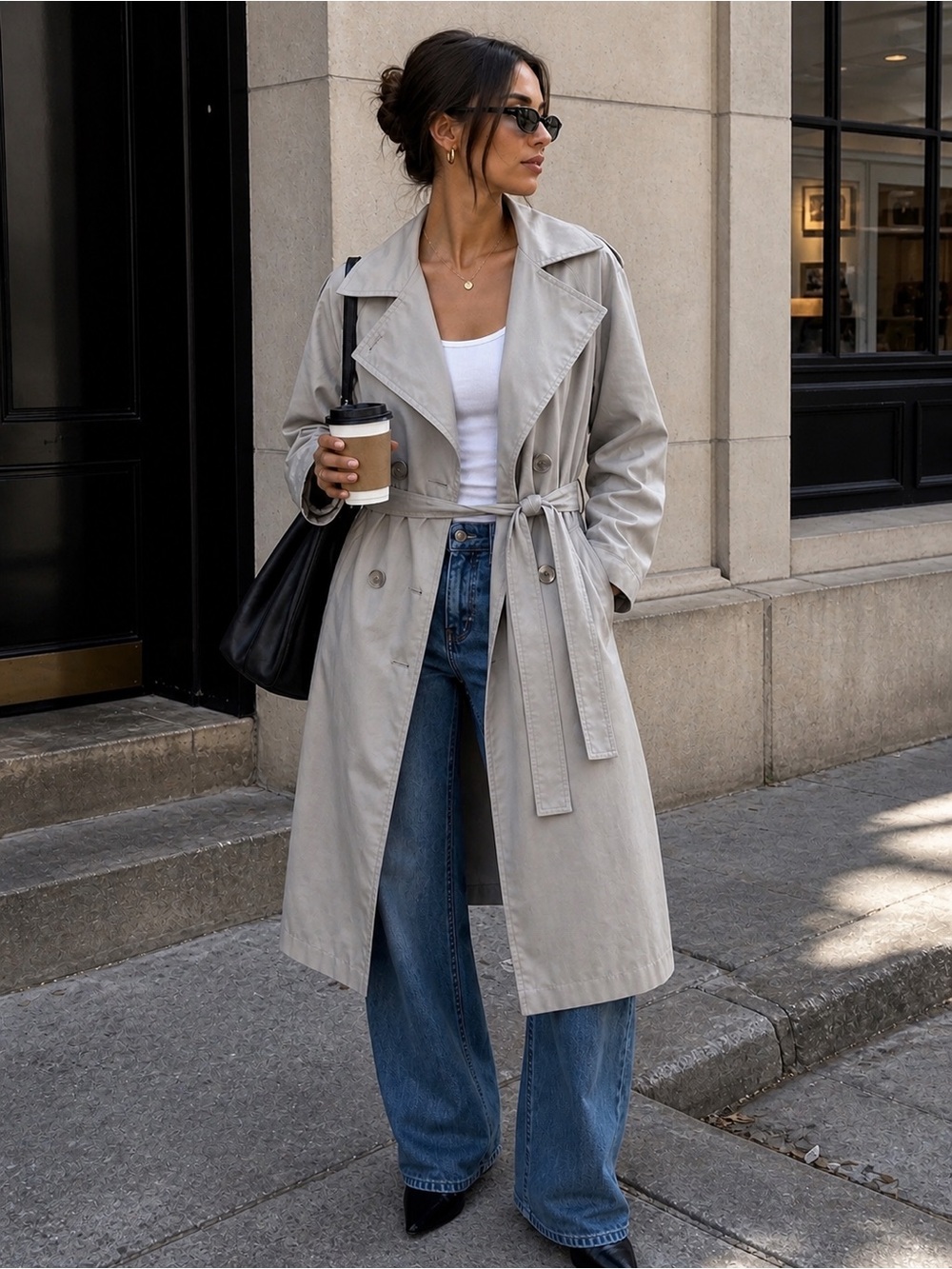 BREM Rainwear Taupe Belted Trench Coat Size 12 Petite Minimalist Classic